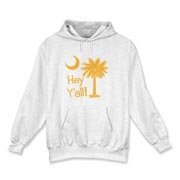 Say hello with the Yellow Hey Y'all Palmetto Moon Hooded Sweatshirt. It features the South Carolina palmetto moon.