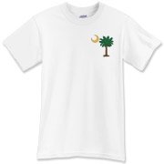 Celebrate a Palmetto Christmas in South Carolina with a Christmas Palmetto Moon T-Shirt, Sweatshirt, or other apparel item. This version features a pocket sized version of the Christmas Tree Palmetto.