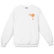 Orange Polka Dot Palmetto Moon Crewneck Sweatshirt features a small orange palmetto moon with white polka dots printed in the pocket area.