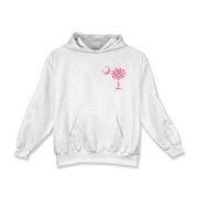 Pink Polka Dot Palmetto Moon Kids Hooded Sweatshirt features a small pink palmetto moon with white polka dots printed in the pocket area.