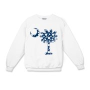 Blue Polka Dot Palmetto Moon Kids Crewneck Sweatshirt features a blue palmetto moon with white polka dots and is a fun variation on the South Carolina flag palmetto logo.