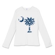 Blue Polka Dot Palmetto Moon Women's Fitted Baby Rib Long Sleeve Tee features a blue palmetto moon with white polka dots and is a fun variation on the South Carolina flag palmetto logo.
