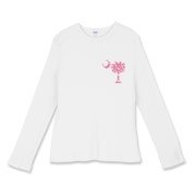 Pink Polka Dot Palmetto Moon Women's Fitted Baby Rib Long Sleeve Tee features a small pink palmetto moon with white polka dots printed in the pocket area.