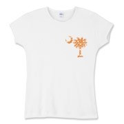 Orange Polka Dot Palmetto Moon Women's Fitted Baby Rib Tee features a small orange palmetto moon with white polka dots printed in the pocket area.
