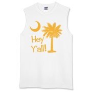 Say hello with the Yellow Hey Y'all Palmetto Moon Sleeveless T-Shirt. It features the South Carolina palmetto moon.