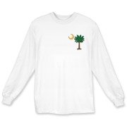 Celebrate a Palmetto Christmas in South Carolina with a Christmas Palmetto Moon T-Shirt, Sweatshirt, or other apparel item. This version features a pocket sized version of the Christmas Tree Palmetto.