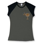 Buy a Chocolate Brown Palmetto Moon Women's Fitted Cap Sleeve Tee featuring a smaller palmetto printed on the left chest area. The palmetto moon is a symbol of South Carolina pride.