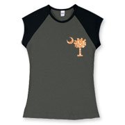 Buy an Orange Polka Dot Palmetto Moon Women's Fitted Cap Sleeve Tee that features a orange palmetto moon with white polka dots printed smaller on the left chest area.