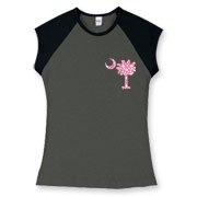 Buy a Pink Polka Dot Palmetto Moon Women's Fitted Cap Sleeve Tee that features a pink palmetto moon with white polka dots printed smaller on the left chest area.