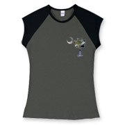 Buy an Earth and Moon Palmetto Women's Fitted Cap Sleeve Tee featuring a smaller palmetto printed on the left chest area with a photo of the Earth and Moon in the background. The palmetto moon is a symbol of South Carolina pride.