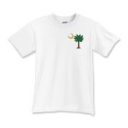 Celebrate a Palmetto Christmas in South Carolina with a Christmas Palmetto Moon T-Shirt, Sweatshirt, or other apparel item. This version features a pocket sized version of the Christmas Tree Palmetto.