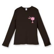 Buy a Pink Polka Dot Palmetto Moon Women's Fitted Baby Rib Long Sleeve Tee that features a pink palmetto moon with white polka dots printed smaller on the left chest area.