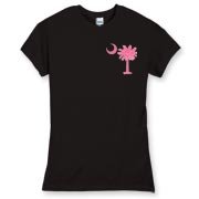 Buy a Pink Palmetto Moon Women's Fitted Fine Jersey Tee featuring a smaller palmetto printed on the left chest area. The palmetto moon is a symbol of South Carolina pride.