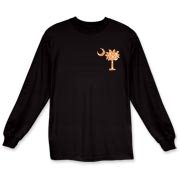 Orange Polka Dot Palmetto Moon Long Sleeve T-Shirt features a small orange palmetto moon with white polka dots printed in the pocket area.