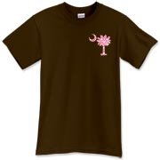 Pink Polka Dot Palmetto Moon T-Shirt features a small pink palmetto moon with white polka dots printed in the pocket area.