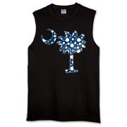 Blue Polka Dot Palmetto Moon Sleeveless T-Shirt features a blue palmetto moon with white polka dots and is a fun variation on the South Carolina flag palmetto logo.