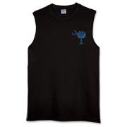 South Carolina Outline Sleeveless T-Shirt with an outline of the state of South Carolina and the popular Palmetto Moon logo on the back and a blue palmetto moon on the front.