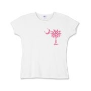 Pink Polka Dot Palmetto Moon Girls Baby Rib T-Shirt features a small pink palmetto moon with white polka dots printed in the pocket area.