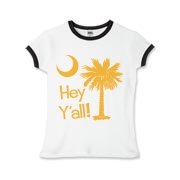 Say hello with the Yellow Hey Y'all Palmetto Moon Girls Ringer T-Shirt. It features the South Carolina palmetto moon.