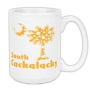 Yellow Polka Dots South Cackalacky Palmetto Moon Large Coffee Mug features a Polka Dot South Carolina palmetto moon logo in yellow.