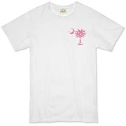 Pink Polka Dot Palmetto Moon Organic T-Shirt features a small pink palmetto moon with white polka dots printed in the pocket area.