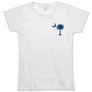 South Carolina Outline Organic Women's T-Shirt with an outline of the state of South Carolina and the popular Palmetto Moon logo on the back and a blue palmetto moon on the front.
