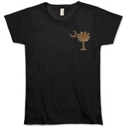 Buy a Chocolate Brown Palmetto Moon Organic Women's T-Shirt featuring a smaller palmetto printed on the left chest area. The palmetto moon is a symbol of South Carolina pride.