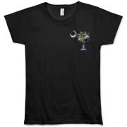 Buy an Earth and Moon Palmetto Organic Women's T-Shirt featuring a smaller palmetto printed on the left chest area with a photo of the Earth and Moon in the background. The palmetto moon is a symbol of South Carolina pride.