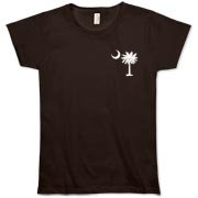 White South Cackalacky Palmetto Moon Organic Women's T-Shirt features the South Carolina palmetto moon logo in white on the back and a smaller, matching palmetto moon on the front.