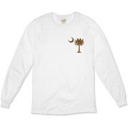 Buy a Chocolate Brown Palmetto Moon Organic Long Sleeve T-Shirt featuring a smaller palmetto printed on the left chest area. The palmetto moon is a symbol of South Carolina pride.