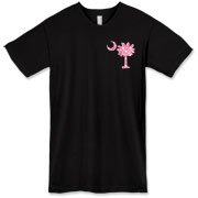 Pink Polka Dot Palmetto Moon American Apparel T-Shirt features a small pink palmetto moon with white polka dots printed in the pocket area.
