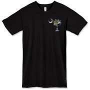 Buy an Earth and Moon Palmetto American Apparel T-Shirt featuring a smaller palmetto printed on the left chest area with a photo of the Earth and Moon in the background. The palmetto moon is a symbol of South Carolina pride.