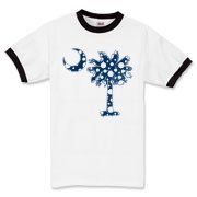 Blue Polka Dot Palmetto Moon Ringer T-Shirt features a blue palmetto moon with white polka dots and is a fun variation on the South Carolina flag palmetto logo.