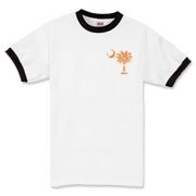 Orange Polka Dot Palmetto Moon Ringer T-Shirt features a small orange palmetto moon with white polka dots printed in the pocket area.
