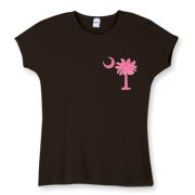Buy a Pink Palmetto Moon Women's Fitted Baby Rib Tee featuring a smaller palmetto printed on the left chest area. The palmetto moon is a symbol of South Carolina pride.
