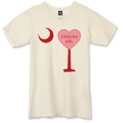 A Candy Heart Palmetto Moon Alternative Apparel Destroyed T-Shirt for a Carolina Girl! Perfect for Valentine's Day, it features a pink candy heart on the South Carolina Palmetto Moon with Carolina Girl.