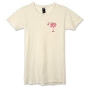 Buy a Pink Polka Dot Palmetto Moon Alternative Apparel Women's Destroyed T-Shirt that features a pink palmetto moon with white polka dots printed smaller on the left chest area.