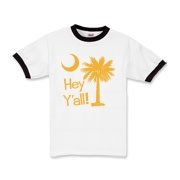 Say hello with the Yellow Hey Y'all Palmetto Moon Kids Ringer T-Shirt. It features the South Carolina palmetto moon.