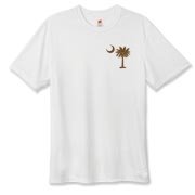 Buy a Chocolate Brown Palmetto Moon Hanes Cool Dri T-shirt featuring a smaller palmetto printed on the left chest area. The palmetto moon is a symbol of South Carolina pride.