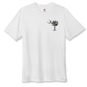 Buy an Earth and Moon Palmetto Hanes Cool Dri T-shirt featuring a smaller palmetto printed on the left chest area with a photo of the Earth and Moon in the background. The palmetto moon is a symbol of South Carolina pride.