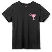 Buy a Pink Polka Dot Palmetto Moon Hanes Women's Cool Dri T-shirt that features a pink palmetto moon with white polka dots printed smaller on the left chest area.