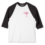 Pink Polka Dot Palmetto Moon Baseball Jersey features a small pink palmetto moon with white polka dots printed in the pocket area.