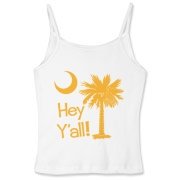 Say hello with the Yellow Hey Y'all Palmetto Moon Women's Fitted Spaghetti Strap Tank. It features the South Carolina palmetto moon.