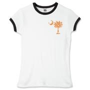 Orange Polka Dot Palmetto Moon Women's Fitted Ringer Tee features a small orange palmetto moon with white polka dots printed in the pocket area.