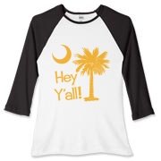 Say hello with the Yellow Hey Y'all Palmetto Moon Women's Fitted Baseball Tee. It features the South Carolina palmetto moon.