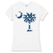 Blue Polka Dot Palmetto Moon Women's Fitted Fine Jersey Tee features a blue palmetto moon with white polka dots and is a fun variation on the South Carolina flag palmetto logo.