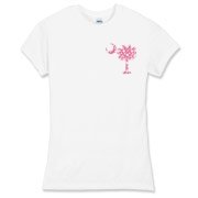 Pink Polka Dot Palmetto Moon Women's Fitted Fine Jersey Tee features a small pink palmetto moon with white polka dots printed in the pocket area.