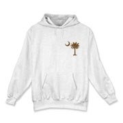 A chocolate brown palmetto and crescent moon. The palmetto is a symbol of South Carolina pride. Buy the chocolate brown palmetto moon printed in the pocket area of a t-shirt, sweatshirt, or other apparel item.