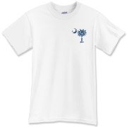Blue Polka Dots South Cackalacky Deluxe T-Shirt feature the polka dot South Carolina palmetto moon logo in blue on the back and a smaller, matching palmetto moon on the front.