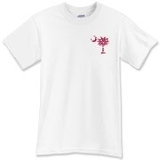 Garnet and Black Polka Dots South Cackalacky Deluxe T-Shirt feature the polka dot South Carolina palmetto moon logo in garnet and black on the back and a smaller, matching palmetto moon on the front.